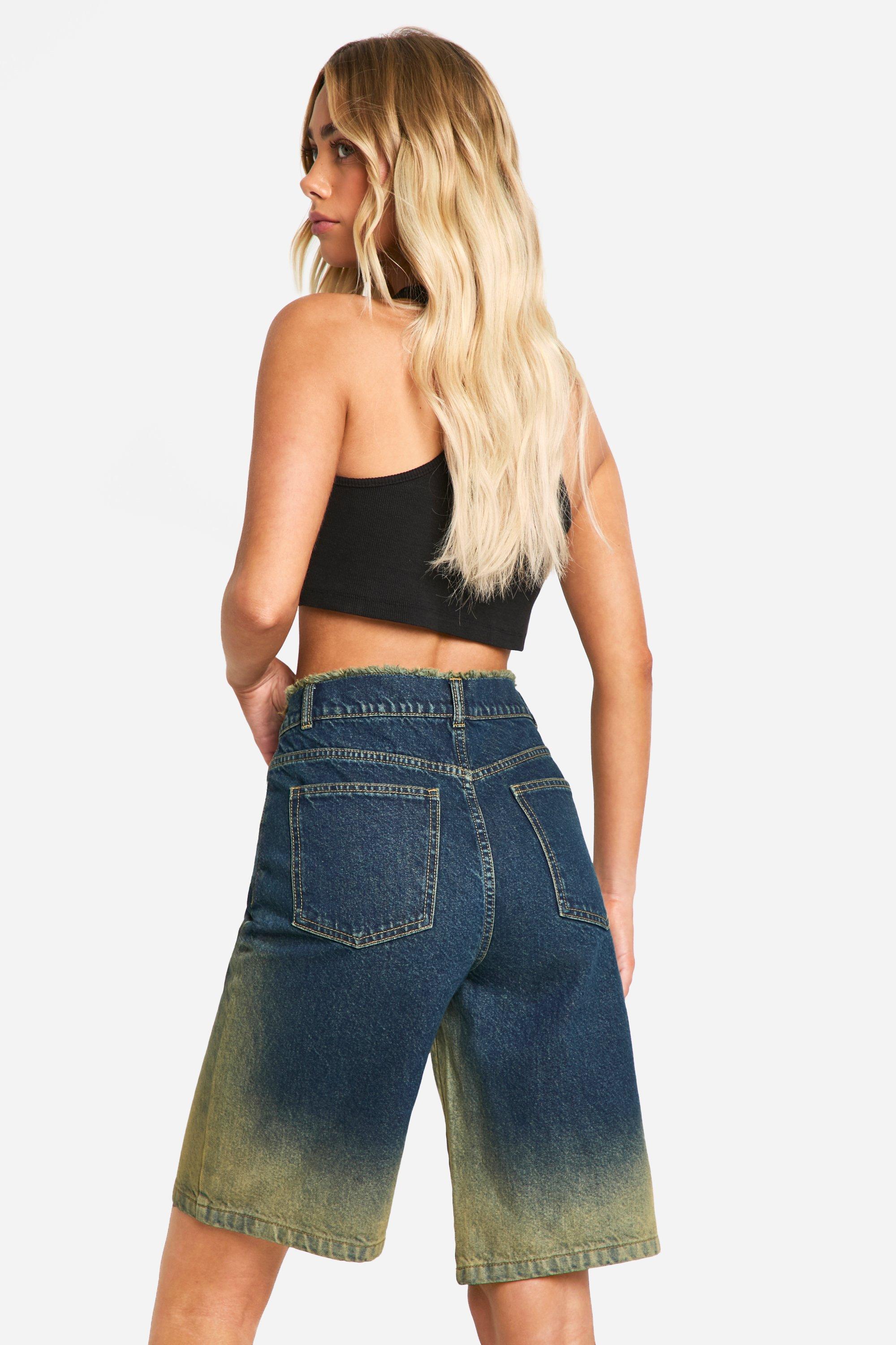 Fray Hem Ombre Denim Jorts boohoo